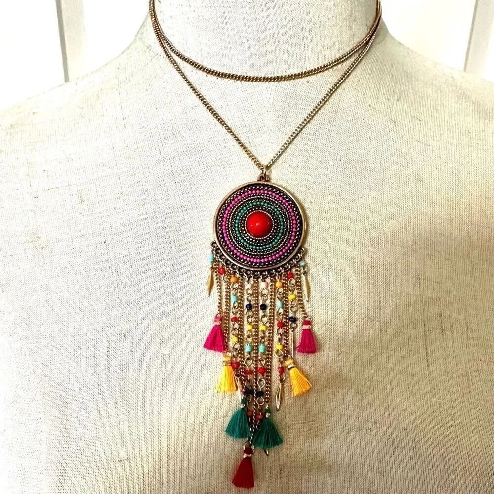 Colorful beaded tassel pendant necklace